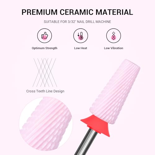 5 in 1 Ceramic Nail Drill Bits - Fine Grit, 3/32'' Shank, Pink