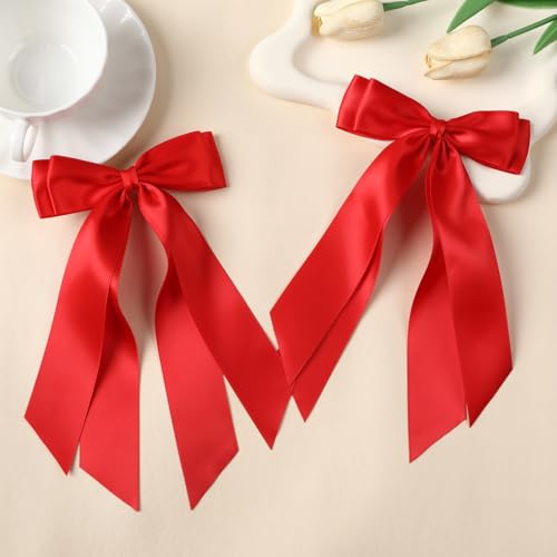 Red Satin Hair Bows with Alligator Clips - 2 Pack