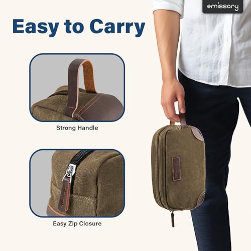 Men's Canvas Toiletry Bag with Leather Handle - Water-Resistant Dopp Kit