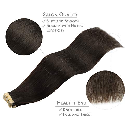 Wennalife Dark Brown Tape-In Human Hair Extensions 20pcs, 18 Inch, 50g - Remy Straight Hair