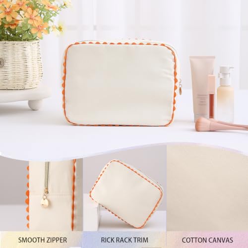 THOVSMOON Canvas Makeup Bag for Women Natural & Orange Rick Rack Trim
