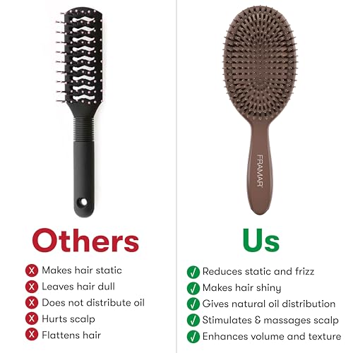 FRAMAR Soft Boar Bristle Hair Brush for Fine Hair - Chocolate
