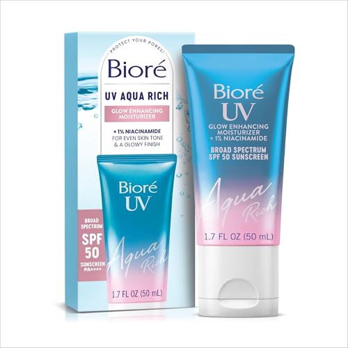 Bior? UV Aqua Rich Glow Enhancing Moisturizer with SPF, Daily Moisturizer with SPF 50, 1% Niacinamide Facial Sunscreen, 1.7 Oz