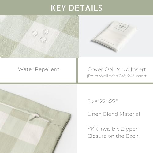 Crumbs Home Light Green Gingham 22x22 Indoor Outdoor Water-Resistant Throw Pillow Cover