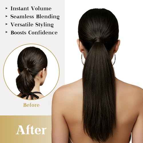 Ve Sunny Brown Clip in Hair Extensions Ponytail Wrap Around Silky Straight 16inch Remy Human Hair Ponytail Extensions Solid Dark Brown Hair Extensions Pony Tail 80g