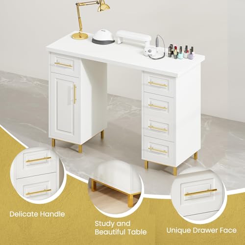 MaverickFurni 43" Nail Tech Desk White with 5 Drawers