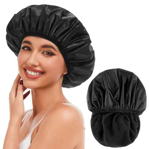 Shower Cap for Women, 2-in-1 Reusable Waterproof Shower Cap with Terry Cloth Lining, Bath Cap for Long Curly Thick Hair(Black)