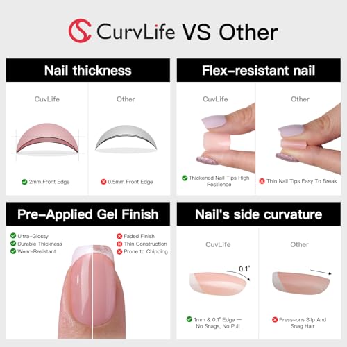 CurvLife Nude Ombre Press On Nails Kit – 30PCS Short Square Gel Nails