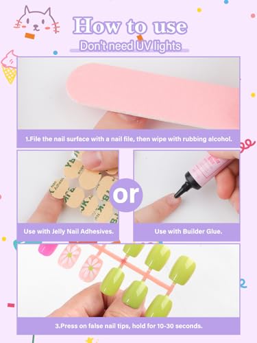 EBANKU Kids Press-On Nails Set A - 130 Fake Nails with Adhesives, French Flower Design, Child Friendly