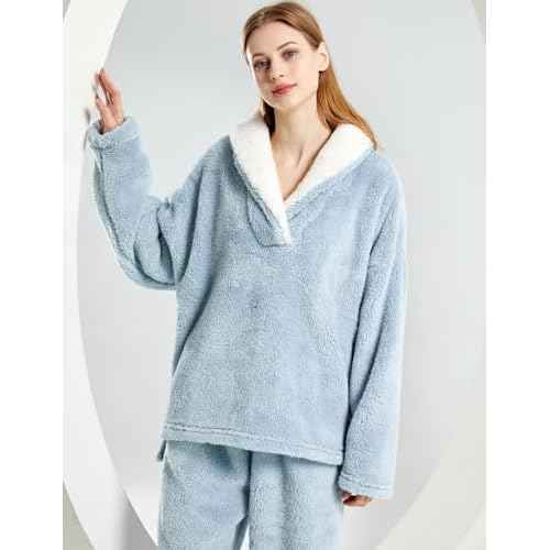 Gihuo Women' s Fluffy Pajamas Set Fleece Pullover Pants Loose Plush Sleepwear 2 Piece Pjs Set Warm Loungewear Fuzzy