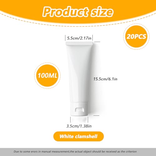 20PCS 100ml/3.4oz White Plastic Facial Cleaner Soft Tube Bottles Empty Refillable Travel Makeup Sample Packing Container Storage Pot Jar Vials Dispenser for Toiletries