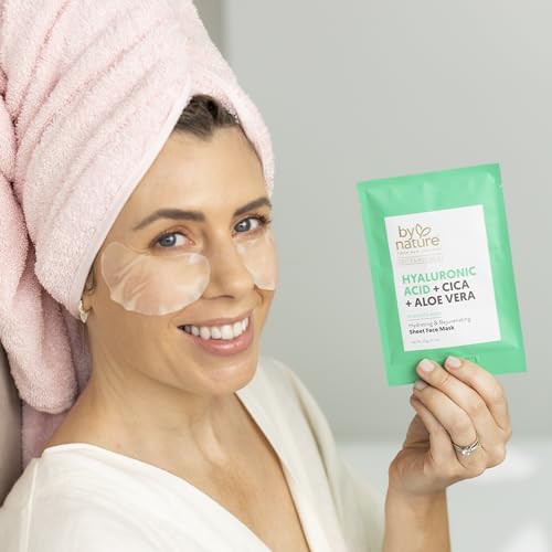 By Nature Face Mask with Hyaluronic Acid, Cica, and Aloe Vera - 5 Sheet Masks - Hydrating and Rejuvenating Skincare Set