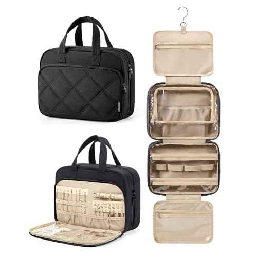 BAGSMART HangingToiletry Bag for Women, Puffy Travel Toiletry Bag with Jewelry Organizer, Waterproof Cosmetic Makeup Bag Compartment, Toiletries Kit Set for Traveling, Accessories, Essentials (M)