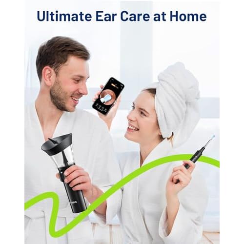 Ear Wax Removal - One-Hand Manual Ear Cleaner with Camera, 7 PCS Ear Spoons, Safe Ear Irrigation Kit for Adults (Black)