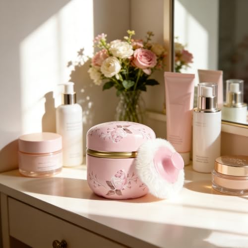 SHIMIDO Body Powder Puff Container with 2 Puffs, 3.35" Portable Tin