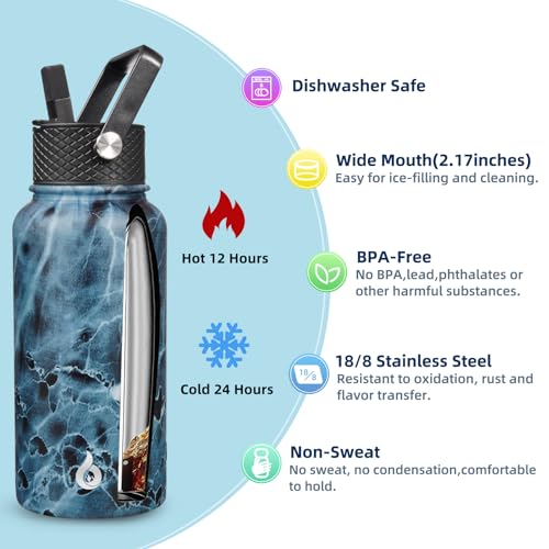 BJPKPK Insulated Water Bottles with Straw Lid, 27oz Stainless Steel Water Bottle with 3 Lids, Leak Proof BPA Free Metal Thermos Mug, Sports Water Bottle Keep Cold & Hot-Ocean