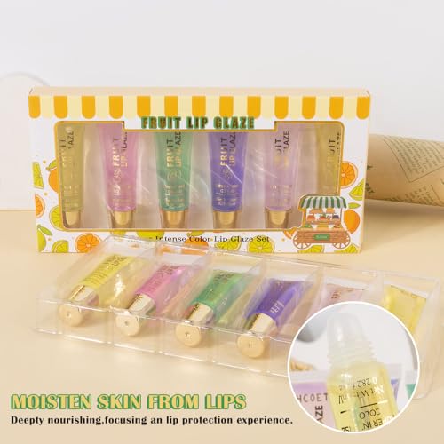 6 Pcs Summer Ultra-Hydrating Lip Gloss Set with Vitamin Oils | Fruit Flavored, High-Shine, Non-Sticky Lip Balm for Smooth, Hydrating & Nourished Lips, Birthday Christmas Gifts, Vegan & Cruelty-Free