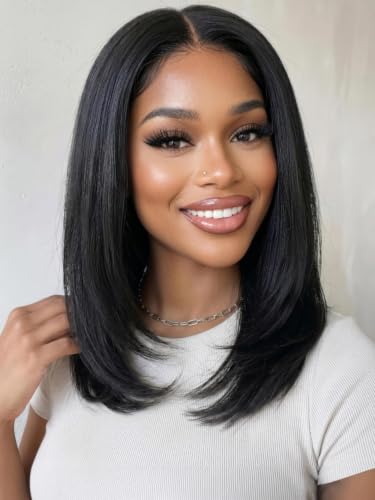 KLAIYI 14-Inch Yaki Straight Bob Wig - Glueless 13x4 Lace Front