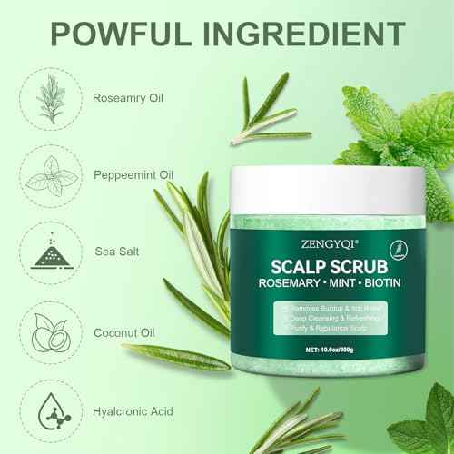 Scalp Scrub, Rosemary & Mint Oil & Biotin Scalp Exfoliator Scrub Shampoo with Silicone Cleansing Massager, Hair Treatment for Itchy Scalp, Dandruff & Buildup Removal & Thick and Strong Hair Growth