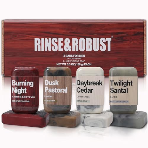 Rinse & Robust Mens Soap 4Pcs Natural Mens Bar Soap Cleansing Soap Bar Set Gift for Men Exfoliating & Moisturizing Luxury Soap FACE BODY HAND SHAVE Soap 4 In 1 All Skin Type |5.3 oz of 4 Bars