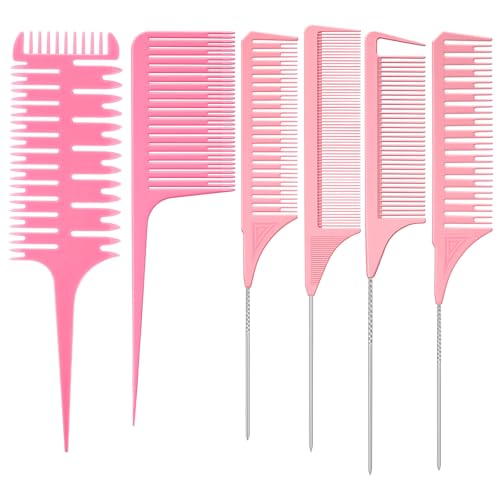 Patelai 6 Pack Pink Highlighting Hair Combs for Weaving & Styling (Classic Style)