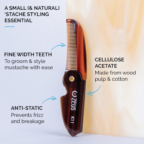 ZEUS Folding Mustache Comb for Men, Handmade Saw-Cut Pocket Comb for Men¡¯s Beard & Moustache Grooming, Compact & Travel Friendly (Black) K13