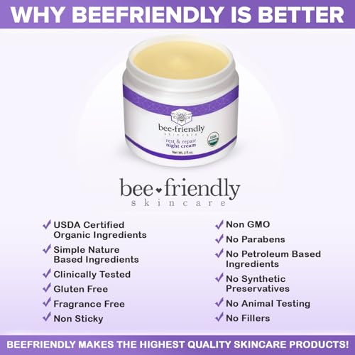 BeeFriendly Organic Night Cream, USDA Certified Organic, Deep Hydrating & Moisturizing Night Time Eye, Face, Neck & Decollete Cream for Women and Men, Skin renewing 4 oz (2 Jars in box)
