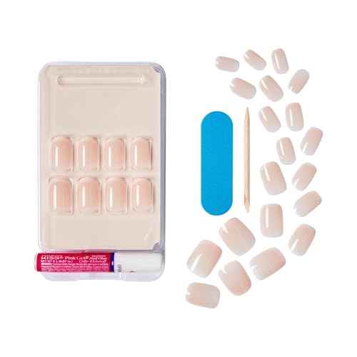 KISS Salon Acrylic French Tip Press On Nails, 'Chic Beats', Natural Nude, Short Squoval, Nail Kit with 28 Fake Nails, Pink Gel Nail Glue (2g), Mini Nail File, & Manicure Stick