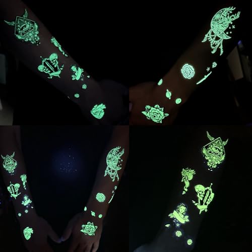 Temporary Tattoos Adult, Glow in The Dark tattoos, 44 Sheets Luminous Temporary Tattoos Stickers, 12 Sheets Fake Body Arm Chest Shoulder Tattoos for Men or Women with 32 Sheets Tiny Tattoos.