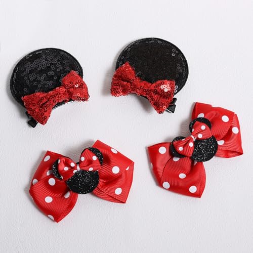 Mouse Ears Hair Bow Glitter Sequin Mouse Alligator Clips Barrette Girls Red Polka Dot Hairpins Kids Women Birthday Christmas Dress up Party Princess Costume Accessory Gift