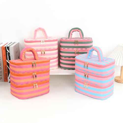 Three Layer Makeup Bag for Women Fashion Stripes Cosmetic Bag Preppy Style Travel Water-Resistant Toiletry Bag for Storage Toiletries Cosmetics Sets for Women Teen Girls Pink