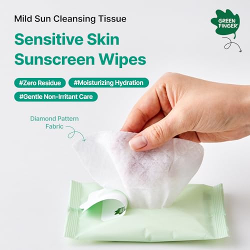 GREEN FINGER Mild Sun Cleansing Tissue 30 Count (6 Packs of 5), Gentle Baby Wipes for Sensitive Skin, Removes Sunscreen Easily, Natural Organic Makeup Remover Wipes with Aloe Vera, Korean Skincare