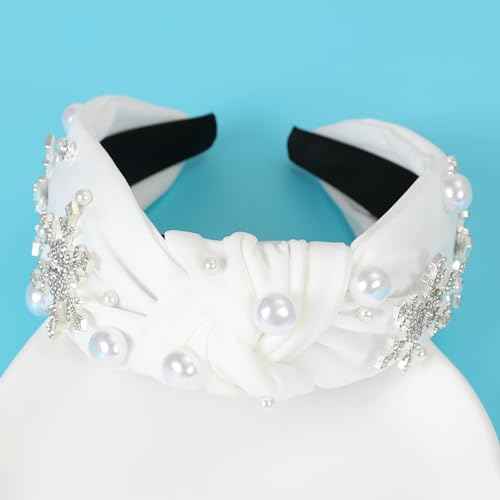 Christmas Snowflake Headbands for Women Crystal Pearl Tree Snowflake Knotted Headband Embellished Wide Twist Xmas Hairband Holiday Christmas Headpiece Outfits Accessories
