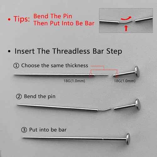 G23 Titanium Threadless Piercing Taper 16G/18G/20G Flat Back Earring Applicator Tool Insertion Pin for Push In Nose Lip Ear Tragus Helix Body Piercing Jewelry Stretcher Assistant Tool