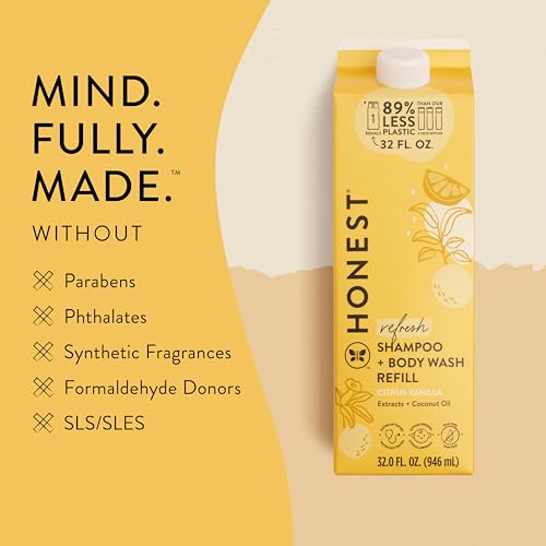 The Honest Company 2-in-1 Cleansing Shampoo Body Wash Refill Carton, Gentle for Baby, Naturally Derived, Tear-free, Hypoallergenic, Citrus Vanilla Refresh, 32 fl oz, (Pack of 2)