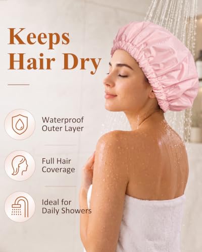 Edoneery Reusable Waterproof Shower Cap for Women - Pink, Large Fit
