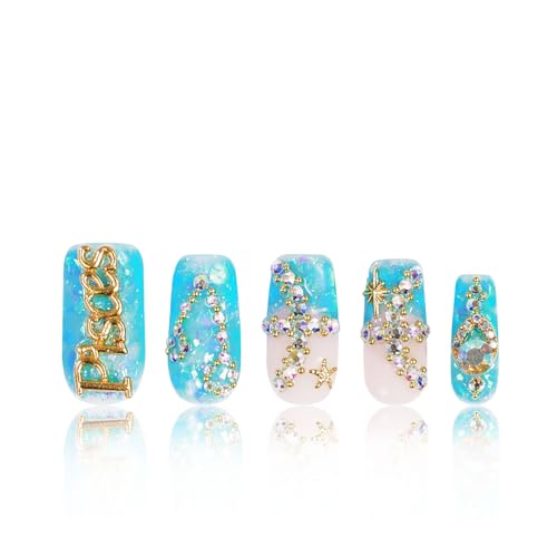 LOVFUL Press on Nails Pisces Blue French Tip| Handmade with Full Covered Crystals | Reusable Fake Nails | Square Regular 1.0 in | H157L