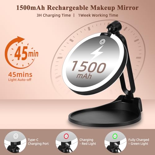 JJhxr 40X/1X Black Double-Sided LED Makeup Mirror with Lights, 6-Inch