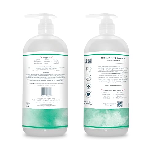 Kirk's 3-in-1 Liquid Soap Head-to-Toe Shampoo, Face Soap & Body Wash for Men, Women & Children | Mint & Eucalyptus Scent | 32 Fl Oz. - 2 Pack