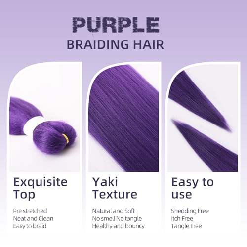 26 Inch Purple Braiding Hair Extensions - Pre-Stretched Synthetic, 4 Packs