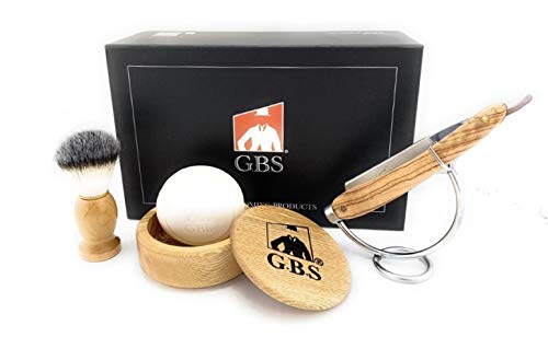 G.B.S Men's Wet Shaving Kit Pure Synthetic Hair Bristle Shave Brush, Beech Wood Shave Soap Bowl Cup with Lid Cover, Shave Ready Straight Razor with Razor stand and Natural Shaving Soap