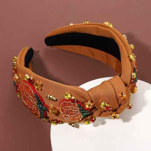 Thanksgiving Fall Headband for Women Thanksgiving Accessories Beaded Turkey Maple Leaf Pumpkin Knotted Headband Embellished Jeweled Rhinestone Pearl Top Knot Hairband Autumn Fall Outfit Holiday Gifts