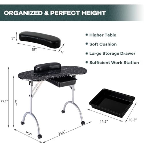 WELLHUT Portable Manicure Table with Lockable Wheels & Carrying Bag