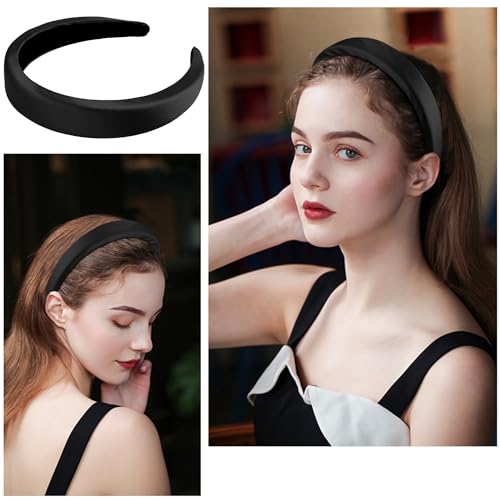 Atoden Black Satin Padded Thick Plain Headbands Hair Accessories for Women Girls