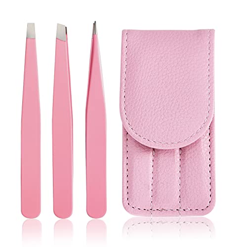 Tirdkid Tweezers for Women, 3 piece Pink Tweezers for Women Facial Hair, Precision Tweezers for Eyebrows, Hair Removal, Facial Hair, Ingrown Hair, Tweezers for Men, (Tweezers set 02)