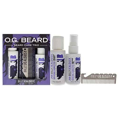 Billy Jealousy Original Gangster Beard Kit with Trave Size Beard Wash, Oil and Titanium Keychain Comb to Cleanse, Stengthen & Soften Facial Hair, Oud Wood Scent