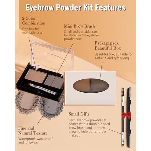Eyebrow Powder Kit-Waterproof Two Colors Brow Powder Tinted Palette Long Lasting Up to 16H, Brown/Dark Brown Brow Filler Defined&Sculpt Natural Eyebrow Makeup for Sparse Brow with Brow Brush &Razor-03