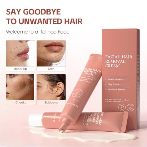 Facial Hair Removal Cream for Women, 2-in-1 Gentle Face Hair Removal Cream with Soothing Cream, Depilatory Creams for Sensitive Skin, Face Chin Upper Lip Hair Remover for Smooth Soft Skin, 2.03 Fl Oz