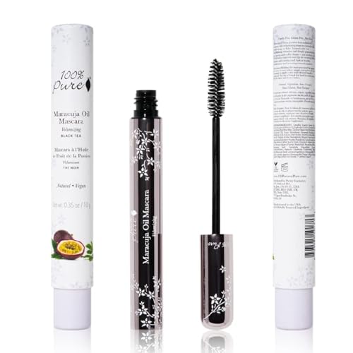 100% PURE Maracuja Oil Mascara Dramatic Intense Volume & Length Natural Fruit Pigmented Voluminous Eyelash Makeup No Clumping, Smudging or Flaking - Vegan, Black Tea Color - 0.35 oz