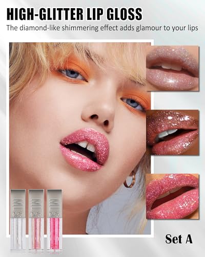 Glitter Lip Gloss Set 3-Piece Shimmer Tinted Lip Oil